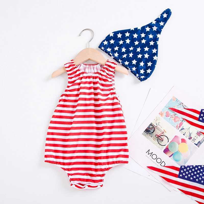 Rompers 4 juillet Baby Rompers Budge Boys Boys Stripe Crew Cou Nou Sans manches Bodys Constitution d'été avec plaquette d'impression étoilée H240508