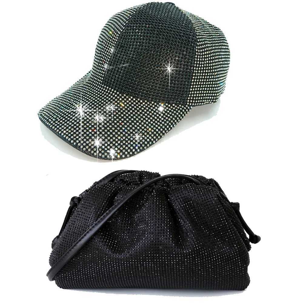 Ball Caps Süper Flash Tam Elmas Beyzbol Şapkası ve Rhinestone Çanta Seti Yaz Boş Top Hat Nefes Alabaş Güneşlik Plaj Güneş Şapkası Toptan T240508