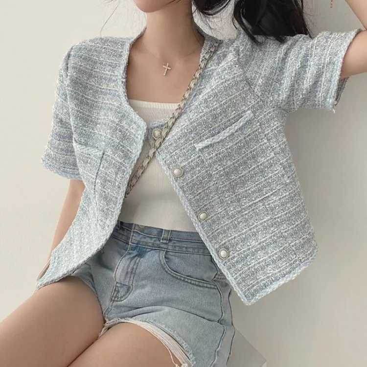 Женские куртки корейская мода O-образное двойное карманное пиджак для женской летней жемчужной пуговицы.
