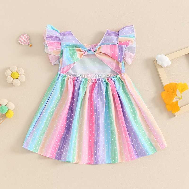 Flickans klänningar Suefunskry Little Girl Rainbow Dress Casual Cute Dot Printed Flying Sleeves Round Neck Dress Preschool Summer Dressl240508