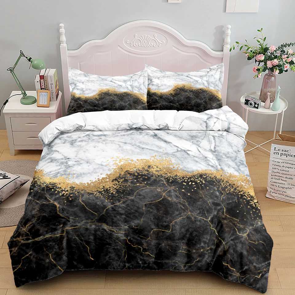 Bettwäsche Sets Luxus 3D Marmor Bettwäsche Set Schwarz Blau Gold Quilt Cover Set Kissenbezüge Duvet Cover Single King Queen Size Home Textil J240507