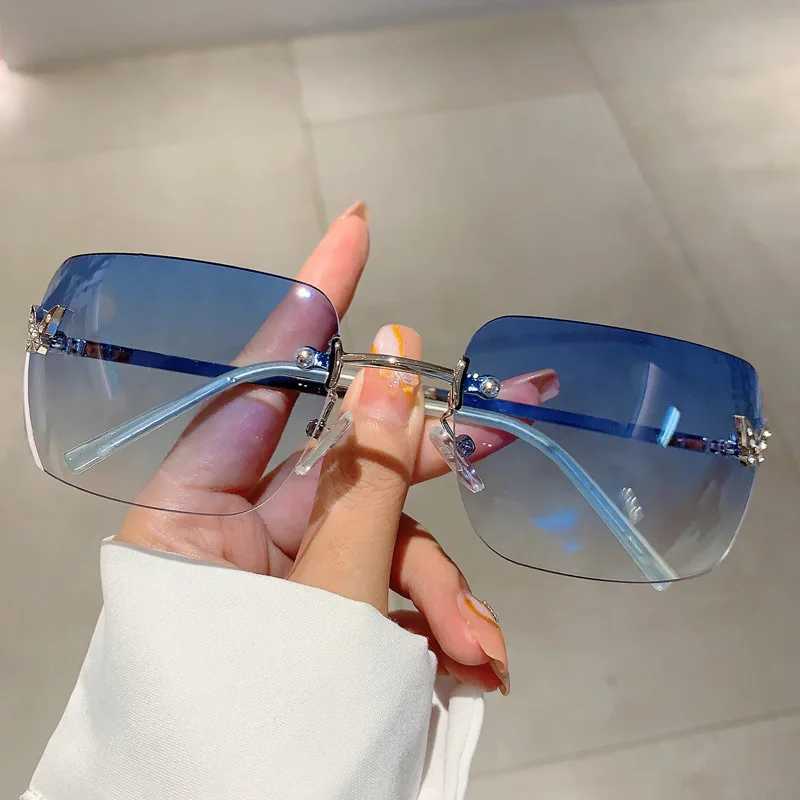 Óculos de sol Y2K Luxury Brand Designer Rimless Square Glassses Women for Feminino Tren Sun Glasses Diamond Butterfly Pink Punk Shades UV400 J240508