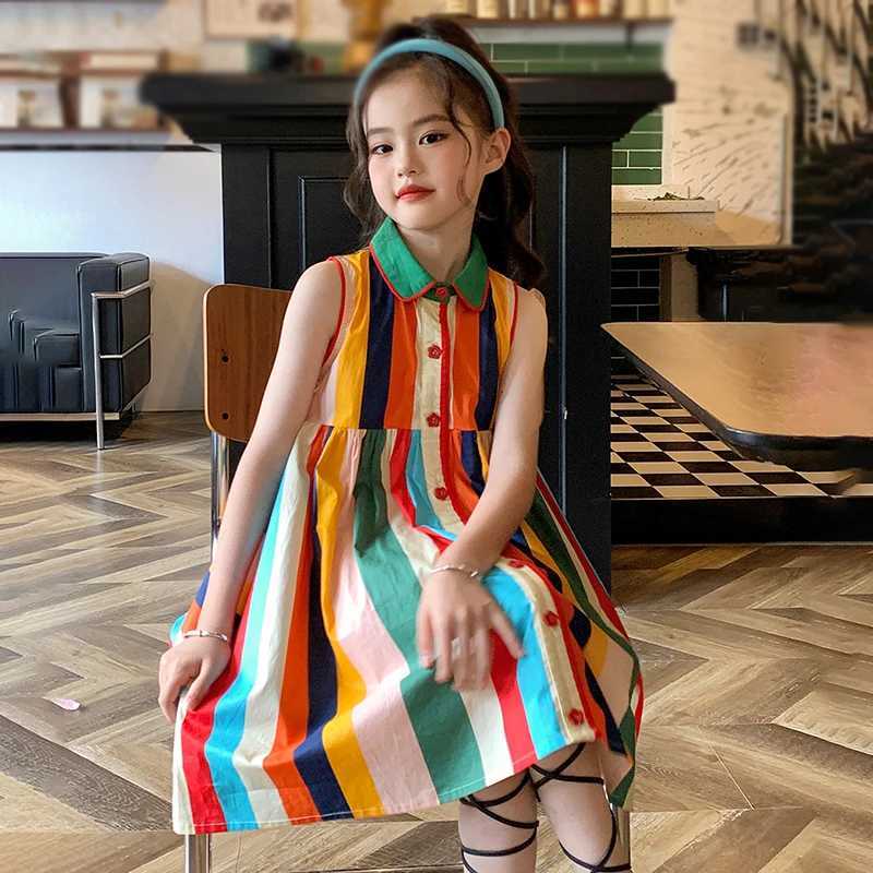 Vestidos de niña Summer Childrens Girls Dulce Princess Party Destino Corea Manecel Strains Childrens Chicas Colorido Stripe Fluffy Dressl240508