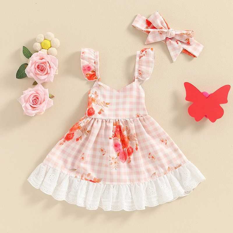 Платья девочки Tregren Little Girls Summer Set милые рукава для полетов A-Line кружевные украшенные простые каминовые платья с цветочной повязкой, подходящей для малышей и Babiesl2405