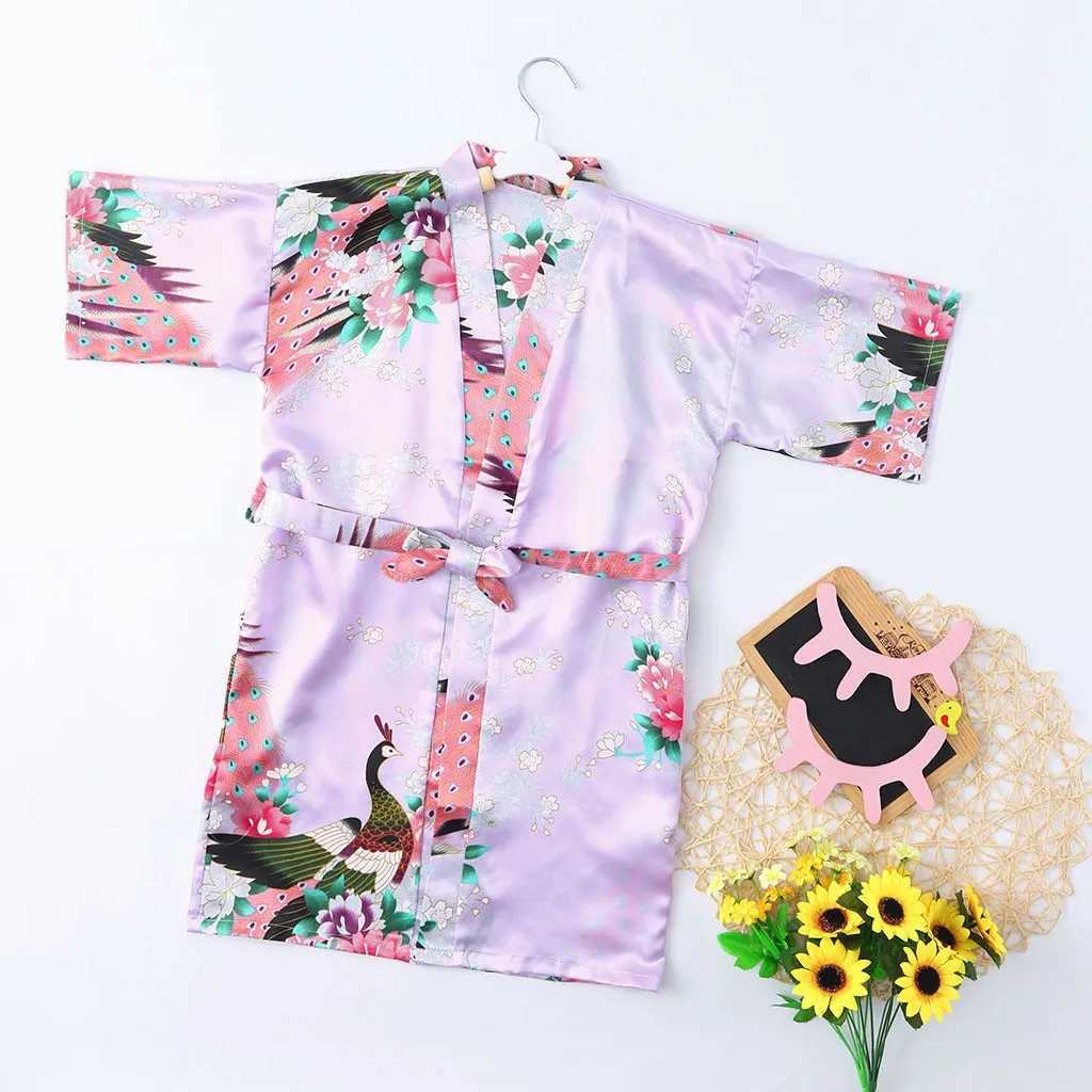 Pyjama Pyjama Summer Childrens Night Cats Baby Girls Blume Seide Satin Kimono Robe Badezimmer Pyjamasl2405