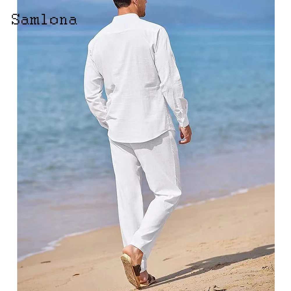 Herrspårar Mens Mens Casual Linen Two-Piece Set 2023 European Style Retro Basic Top and Solid Pants Setl2405