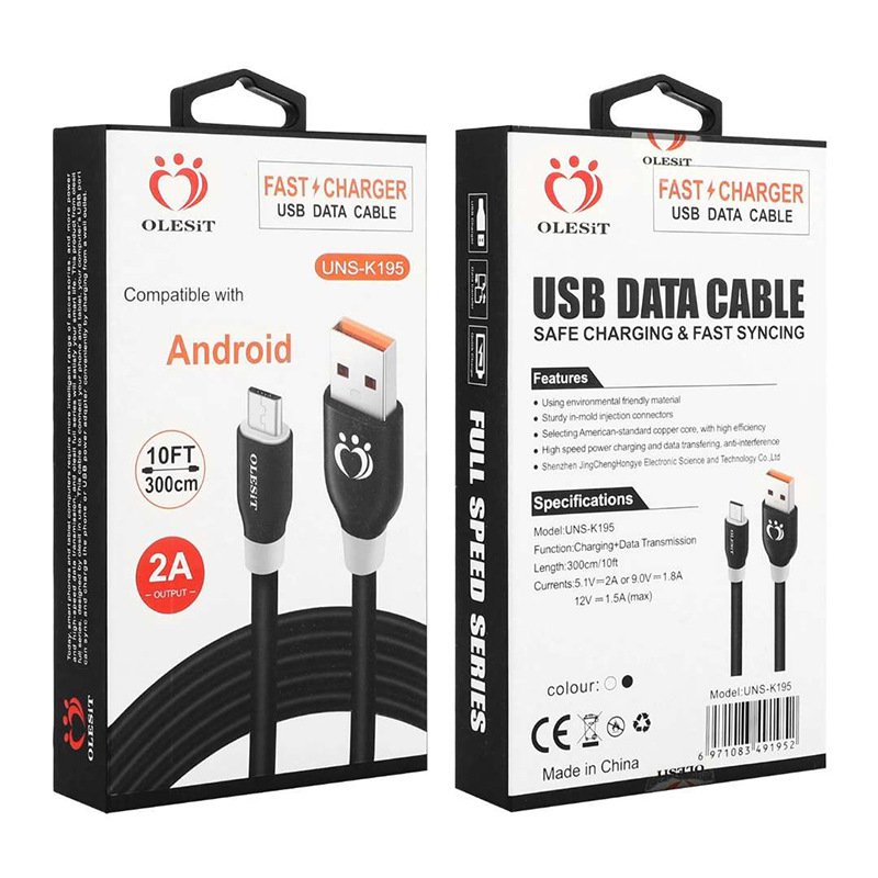 OLESIT-kablar 2.4A OD5.0 Fet snabb laddare USB-datakabel 1.5m 5ft 3M 10ft Micro Type-C-kabel för Xiaomi Samsung Huawei med detaljhandelsförpackning