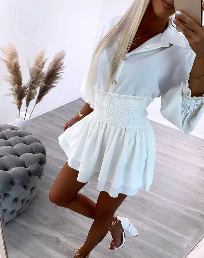 Tweede stuk jurk Dames Set 2024 Spring nieuwste casual afslag down collar geknoopte shirred knop vastgebonden detail Long Slijde bovenste gelaagde rok set y240508