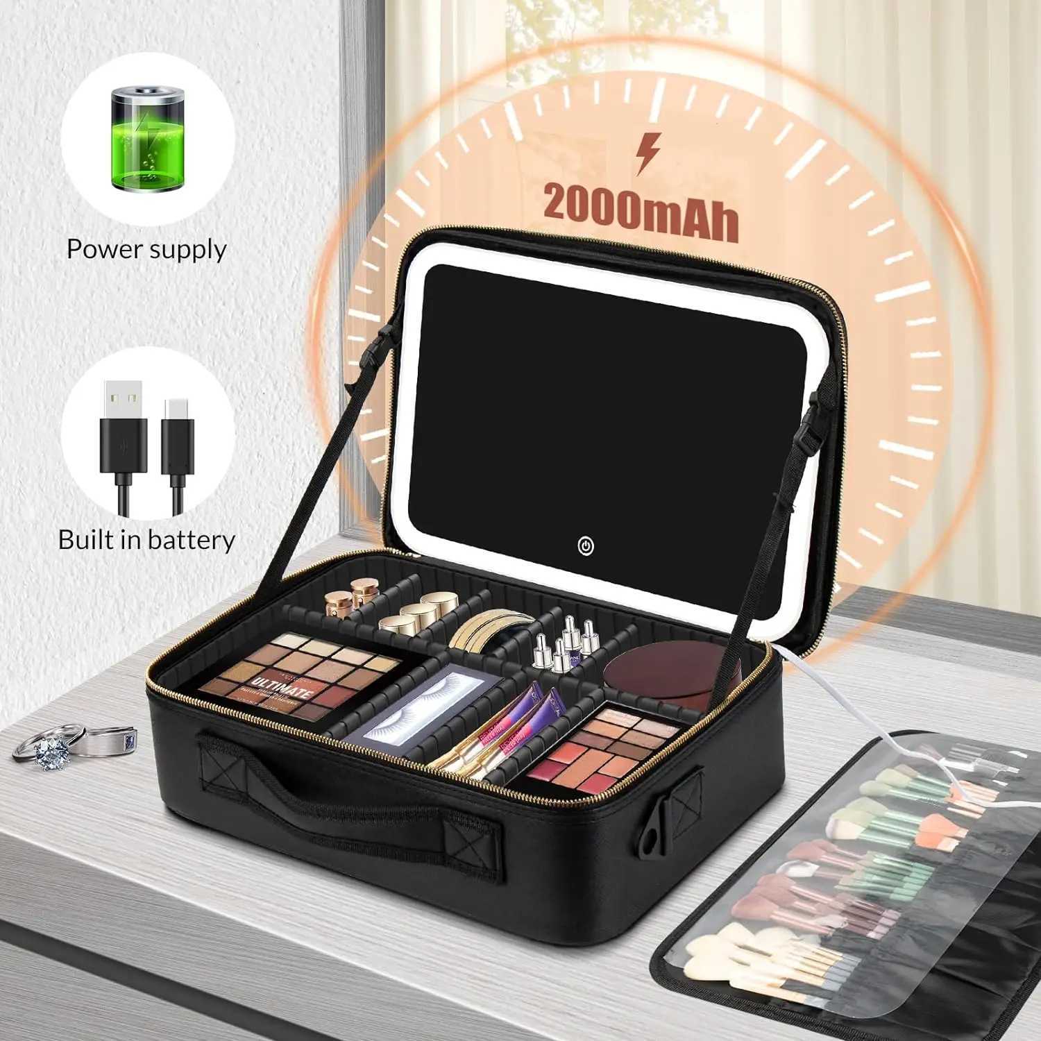 Sacs cosmétiques 14,6 pouces x 10,3 pouces grandes boîtes de maquillage en noir avec lumières LED 3 couleurs D240425