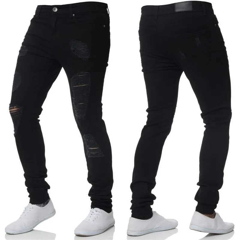 Jeans masculin printemps hommes élégants déchirés détruits mendiants skinny jeans pantalon hip hop haut haut strt jogging jogging crayon denim pantalon y240507