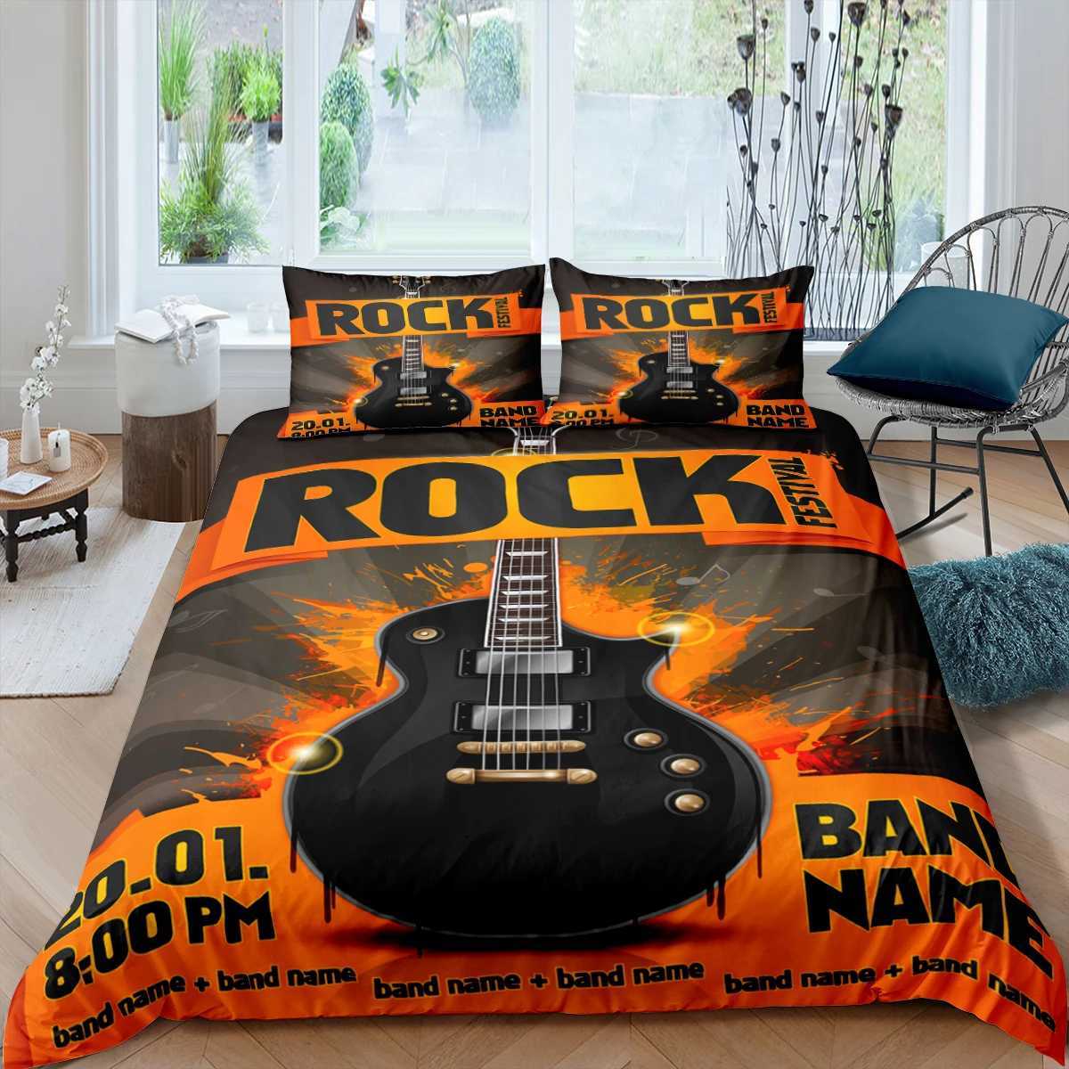 Yatak setleri rock müzik kraliçesi aşağıya inen kapak elektro gitar punk tarzı yatak takımı gençlik moda hip hop 2/3 parçalı polyester konfor kapağı j240507