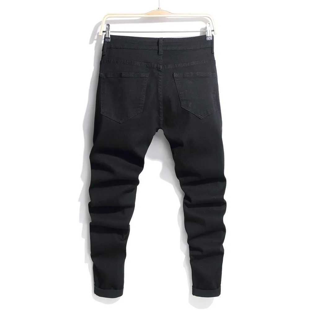 Men's Jeans Strt Style Fashion Men Holes Patch Printed Skinny Jeans Trouser Distressed Black Stretch Jogging Male Denim Pants Y240507