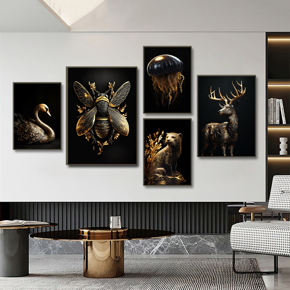 Black Gold Griffin Canvas Peinture Metal Affiche Mur Home Decoration Nordic Deer Tiger Wolf Swan Living Room Decoration Paint