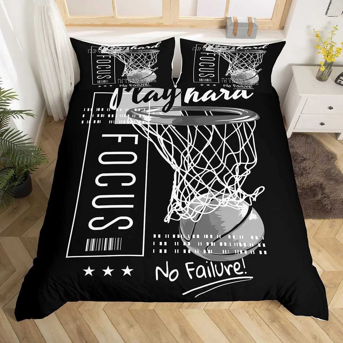 Beddengoed sets basketbal down dekbedovertrek Queen Set Boys and Girls Sports Game Comfort Cover Black Graffiti Bed Cover Sports Bed Cover J240507