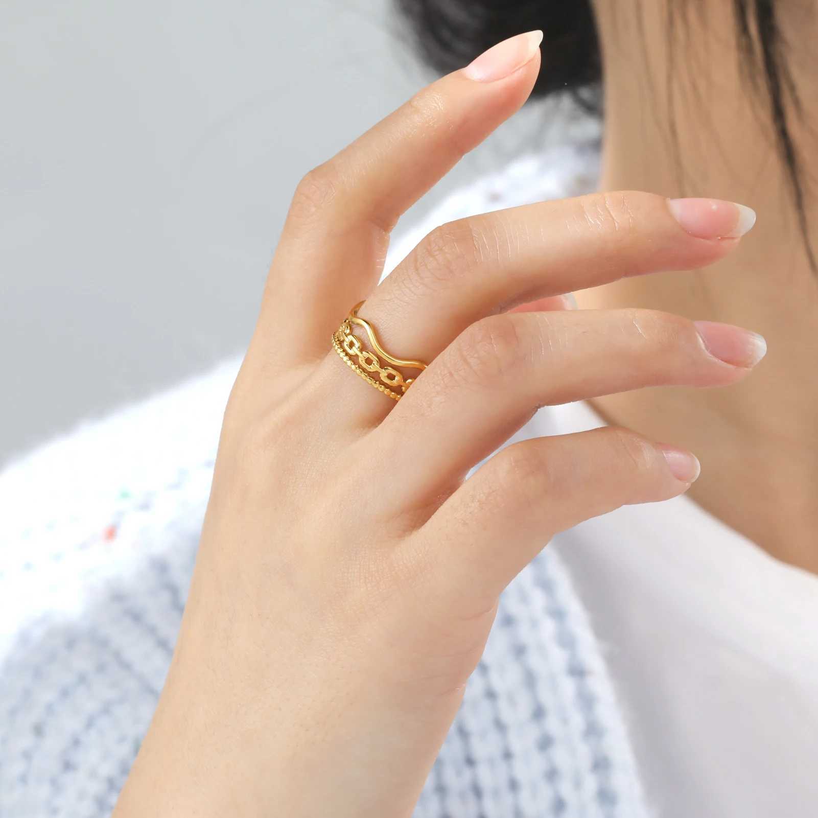 Anelli di nozze Skyrim Tre strati Wave Geometric Chain Anelli donne Anello di dito aperto regolabile in acciaio inossidabile 2024 Gioielli di gioielli di moda