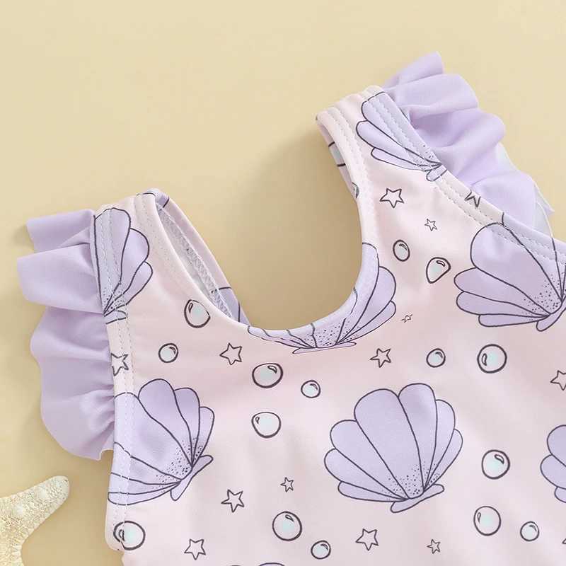 One-Pieces 0-3Y Infant Toddler Baby Girl Swimsuit Sleeveless Round Neck Shell Star Print Frill Trim Bathing Suit Summer Beach Wear H240508