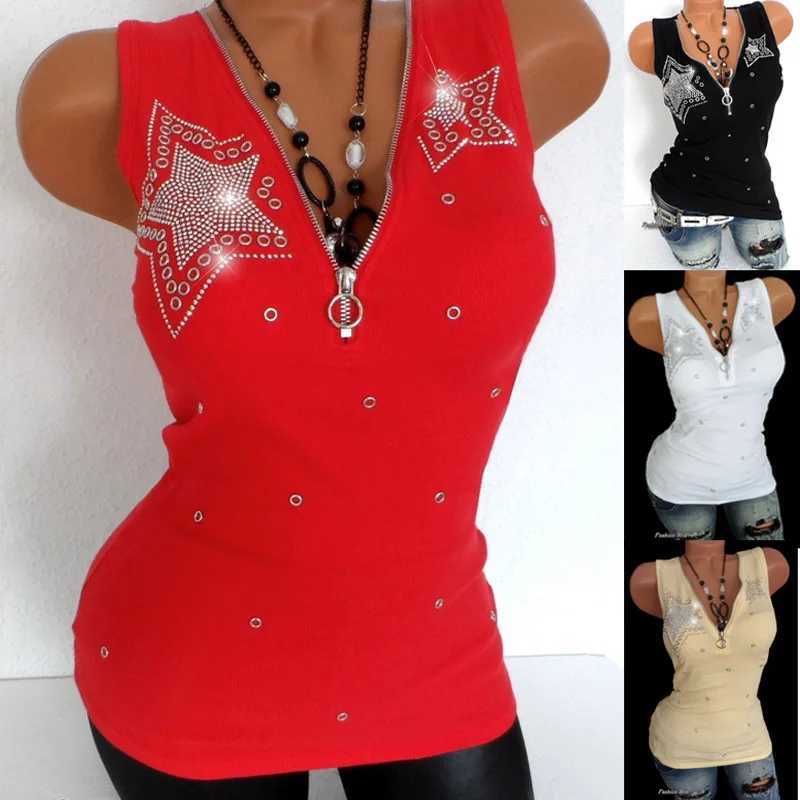 Blouses-shirts voor dames Harajuku Leisure Sexy Tank Top T-shirt Fashion Diamond T-shirt Dameshirt Summer T-shirt Dames Zipper V-hals Topl2405