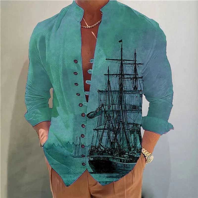 Casual shirts heren heren dagelijkse casual gesp vintage vest kraag bedrukt shirt long slve klassiek shirt mode slank shirt t240507