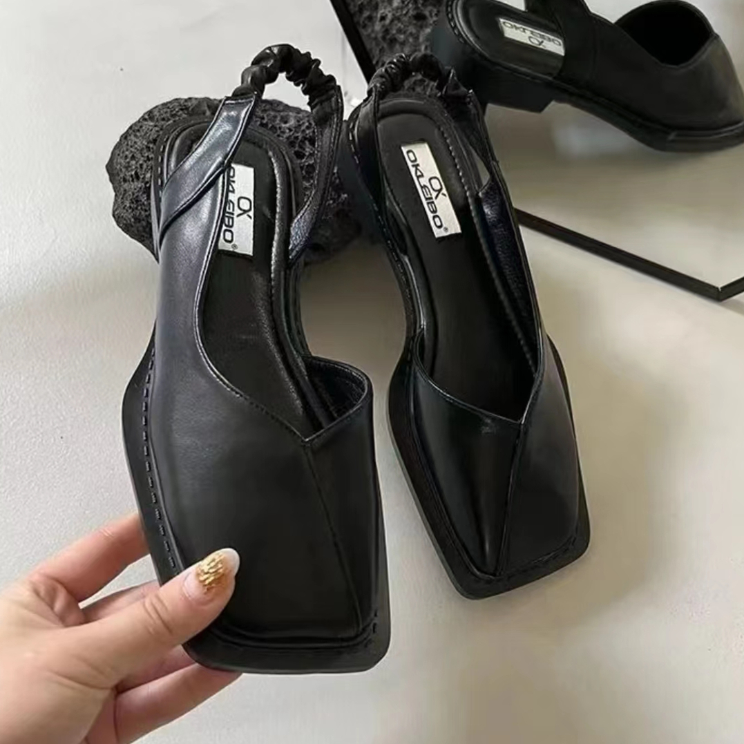 Designer kvinnors sandaler Mary Jane High Heels French Square Head Thick Heel Slippers Retro Spring and Autumn Single Shoes Sandaler Baotou Half Drag