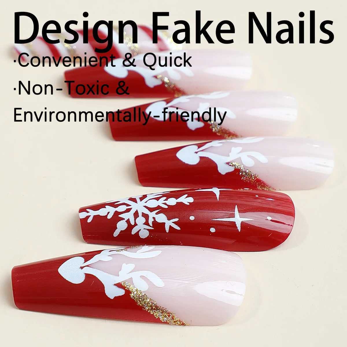 False Nails Long Coffin Press-On Nails Flake Snowfullakes Pattern Artificial Nail Patch Lady Women Manicure Fai-da-te Forte d'arte fai-da-te T240507