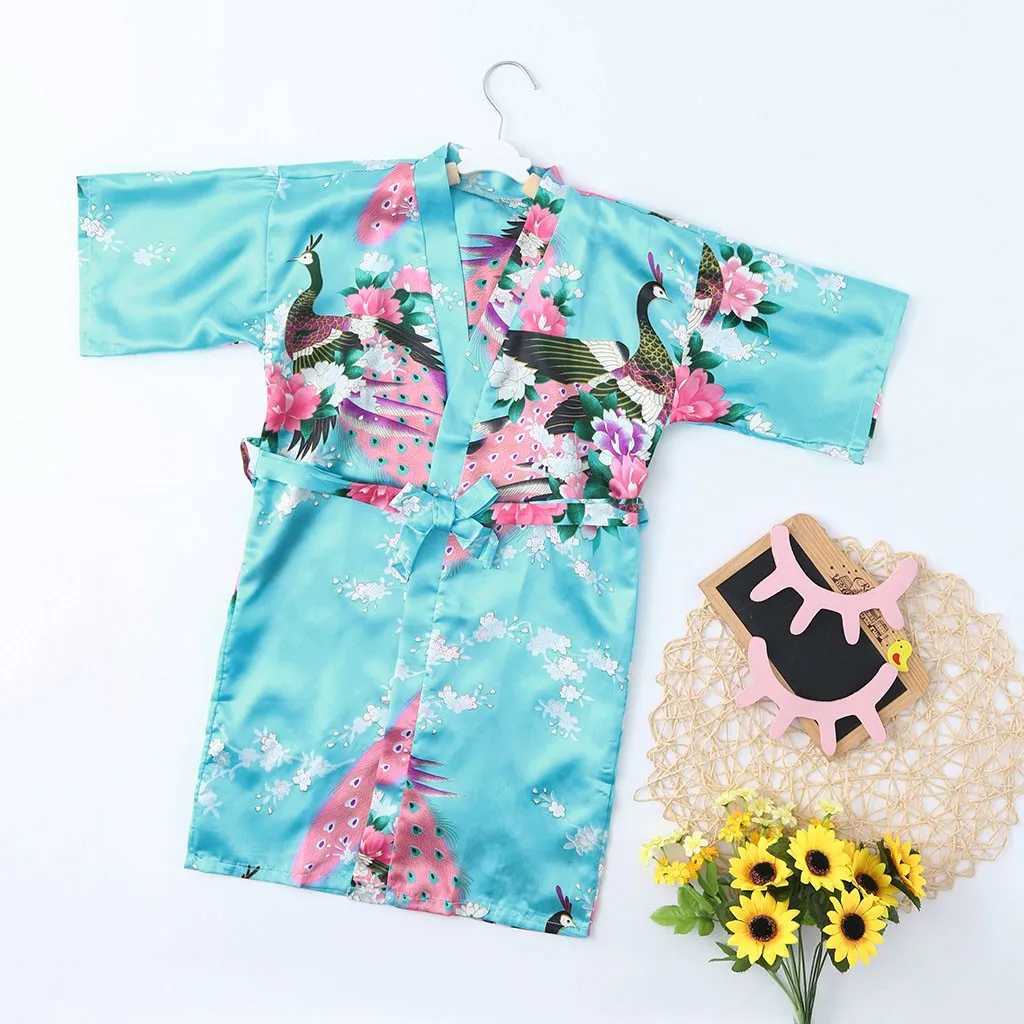 Pyjama Pyjama Summer Childrens Night Cats Baby Girls Blume Seide Satin Kimono Robe Badezimmer Pyjamasl2405
