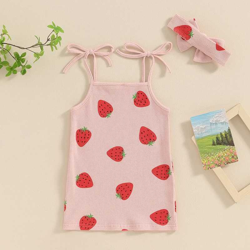 Vestidos de menina Tregren Baby Girl Strawberry Print Dress Cute Lace Up Tampo com mangas com faixa de cabeça de 2 peças Roupas de bebê Setl240508