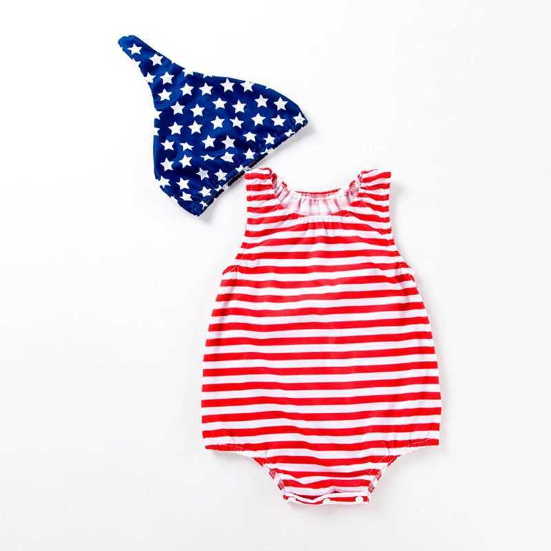 Rompers 4 juillet Baby Rompers Budge Boys Boys Stripe Crew Cou Nou Sans manches Bodys Constitution d'été avec plaquette d'impression étoilée H240508