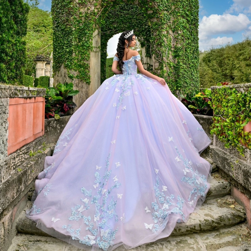 Glitter lilac Sky Blue Off the ombro Quinceanera vestido de baile Applique Lace Bow Beading Corset Sweet 16 Vestidos de XV 15 Anos