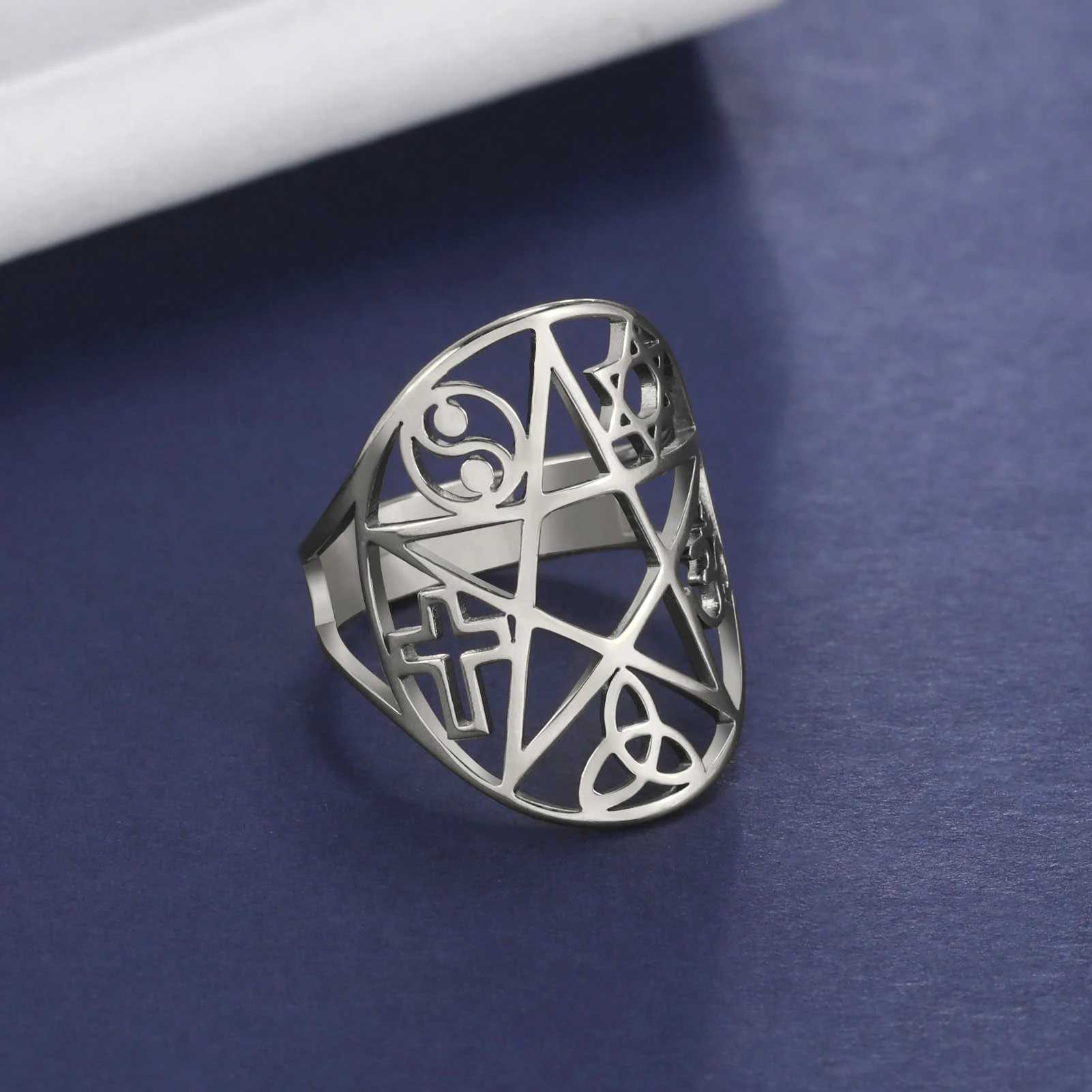 結婚指輪Skyrim Amulet Pentacle Pentagram Ringステンレス鋼のトリケトラクロススターデビッドインヤンオムシンボルジュエリー