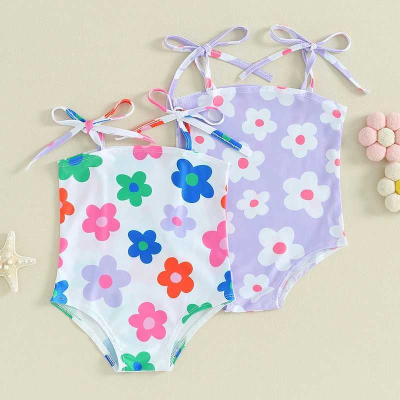 One-Pieces Toddler Infant Baby Girl Swimsuit Sleeveless Square Neck Flower Print Tie Up Bathing Suit Summer Beach Wear H240508