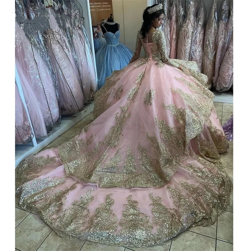 Robes quinceanera roses à manches longues élégantes Appliques de bal robe d'anniversaire de robe d'anniversaire scintillant Swace-Up Sweet 16
