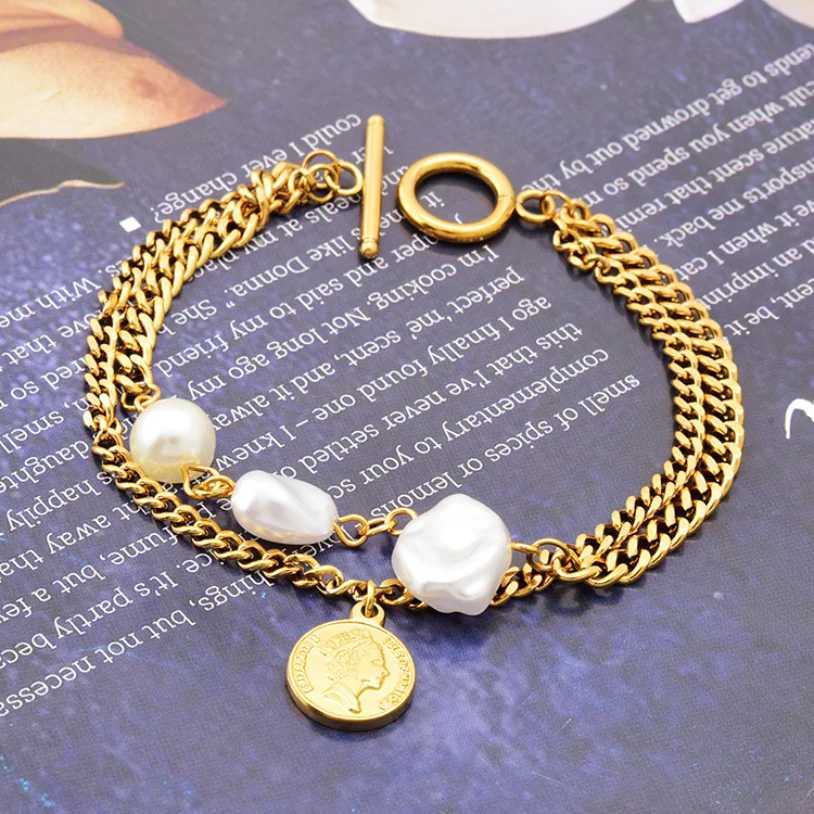 Bracelet en acier inoxydable 316l bijoux haut de gamme 2 couches de forme de boucle de forme perle reine avatar charmes bracelet à chaîne épaisse pour les femmes