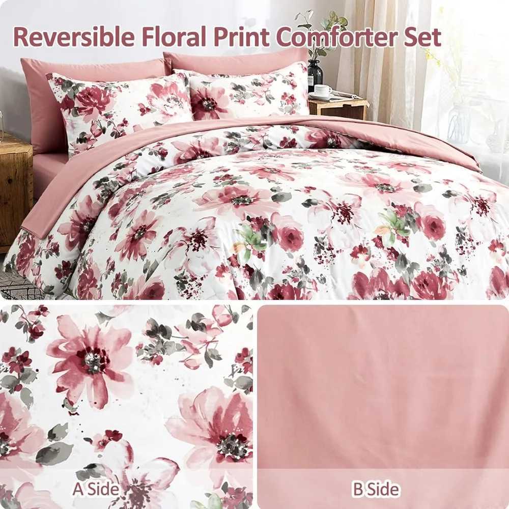 Set di biancheria da letto set di 7 pezzi rosa con un letto con una borsa morbida in fibra ultra-fine set completo di biancheria da letto tutte le stagioni comfort floreale set extra grande J240507