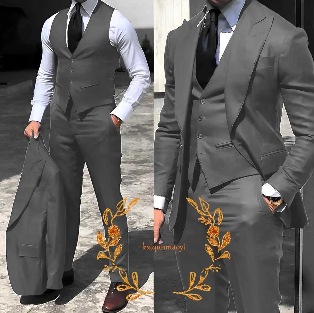 Herenpakken Blazers Gray Business Heren 3-delige jasbroek en vest Formele kantoorkleding Slim Fit Elegant XS-5XL Q240507