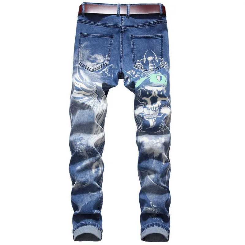 Jeans plus taille pour hommes jeans 3D Impression numérique jeans élastique bleu pantalon blanc noir pour hommes nouilles plates 28-34 36 38 40 42 J240507