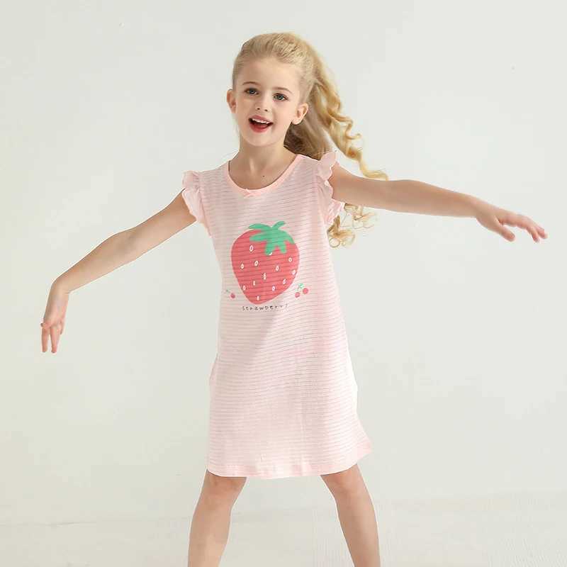 Pyjama Girls Kleid Pyjama 2-14y Sommer Flughüllen 100% reine Baumwolle Nacht Baby Pyjamas Erdbeerdrucken Kleid Kleidung Home Clothingl2405