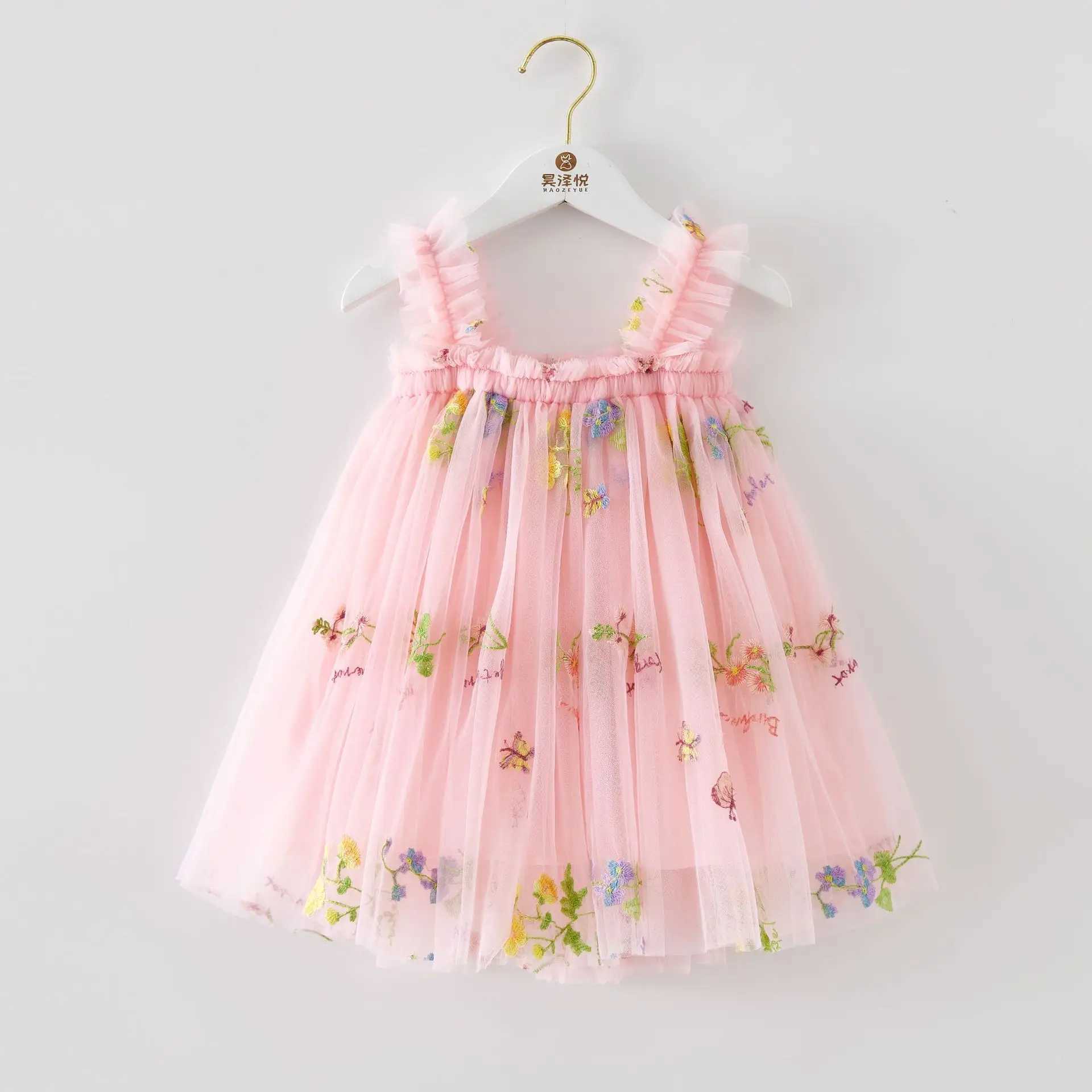 Meisjesjurken zomer zoete bloem geborduurde babymeisje jurk hoogwaardige gaas hanger babymeisje kleding verjaardag prinses schattig baby jurk240508