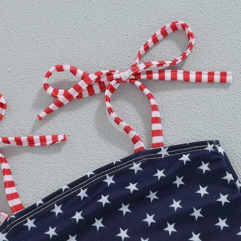 One-Pieces Little Girl 4th of July Swimsuit Star Print Striped Square Neck Tie-Up Spaghetti Strap Bathing Suit Infant Toddler Swimwear H240508