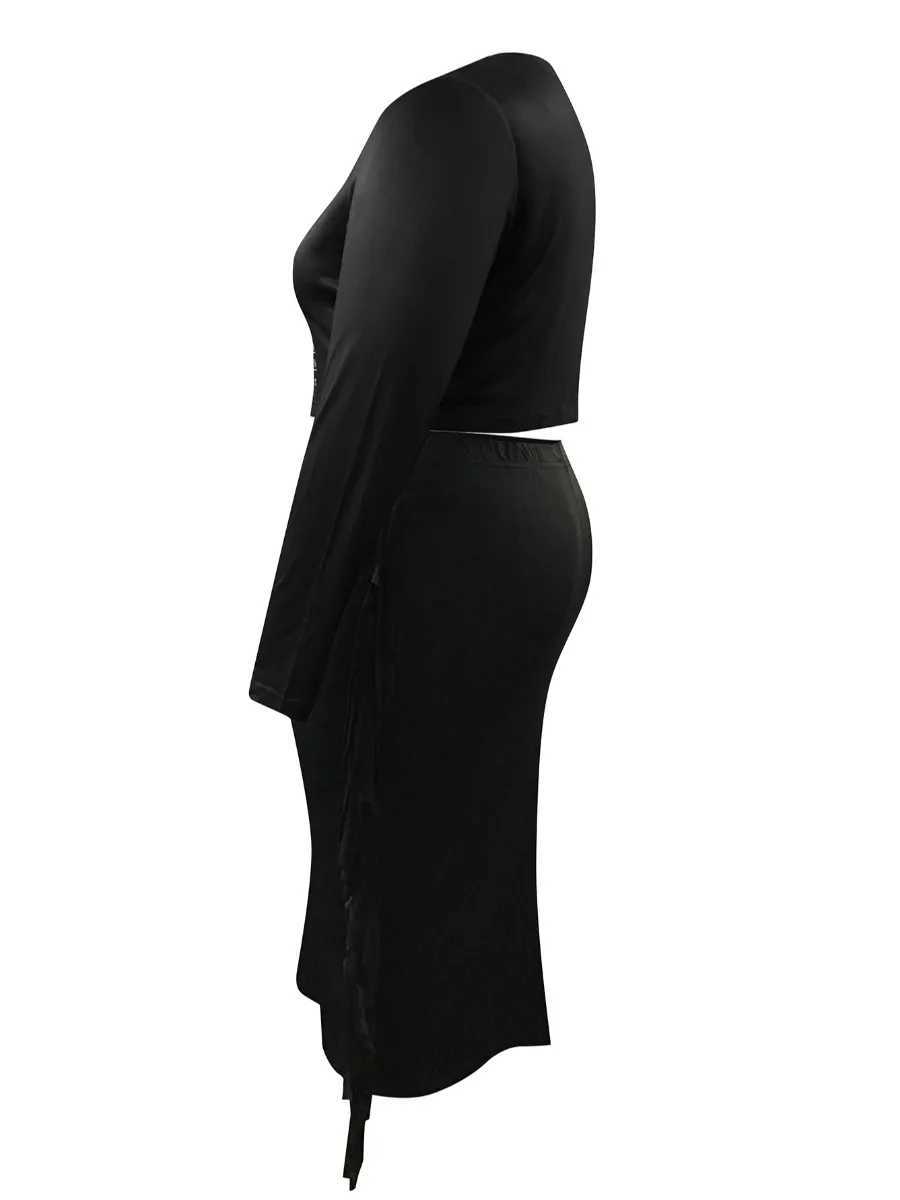Tweede stuk jurk LW Letter Afdrukken Tassel Design Rokset Dames 2 -delige bijpassende outfits Lange slve o nekvulling Top Skinny Mid -kalfsrokken Y240508