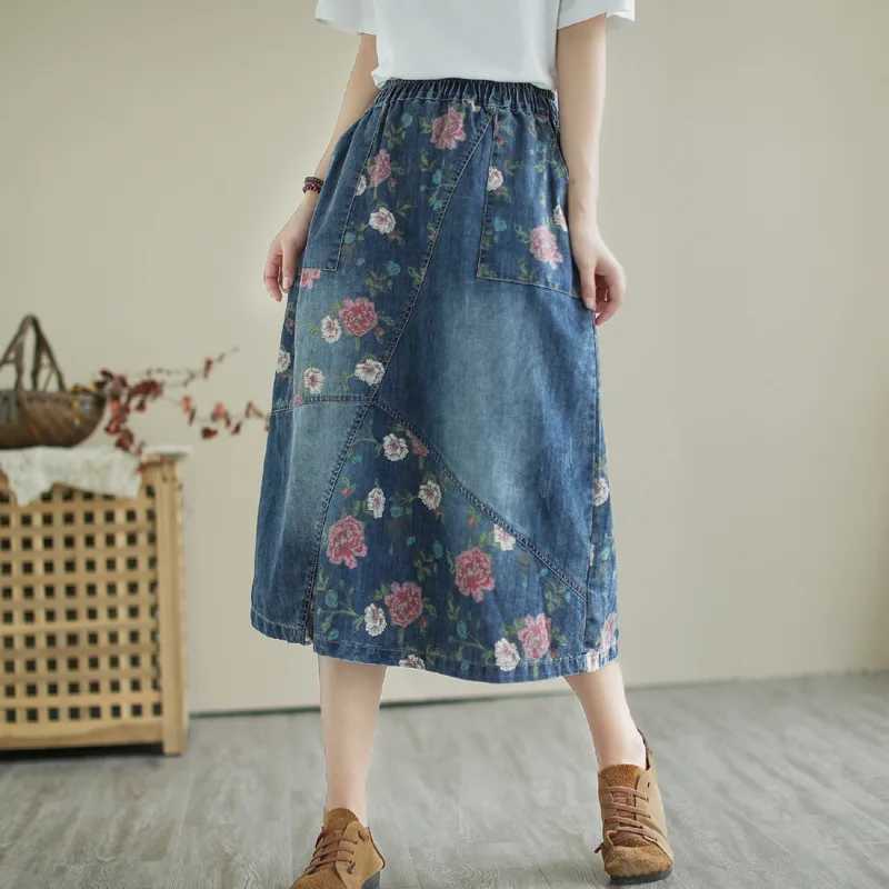 Jupes femme vintage denim jupe printemps / été Nouvelle taille élastique imprimement flor