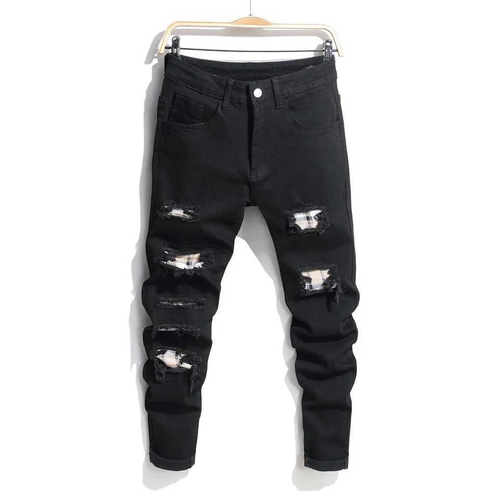 Men's Jeans Strt Style Fashion Men Holes Patch Printed Skinny Jeans Trouser Distressed Black Stretch Jogging Male Denim Pants Y240507