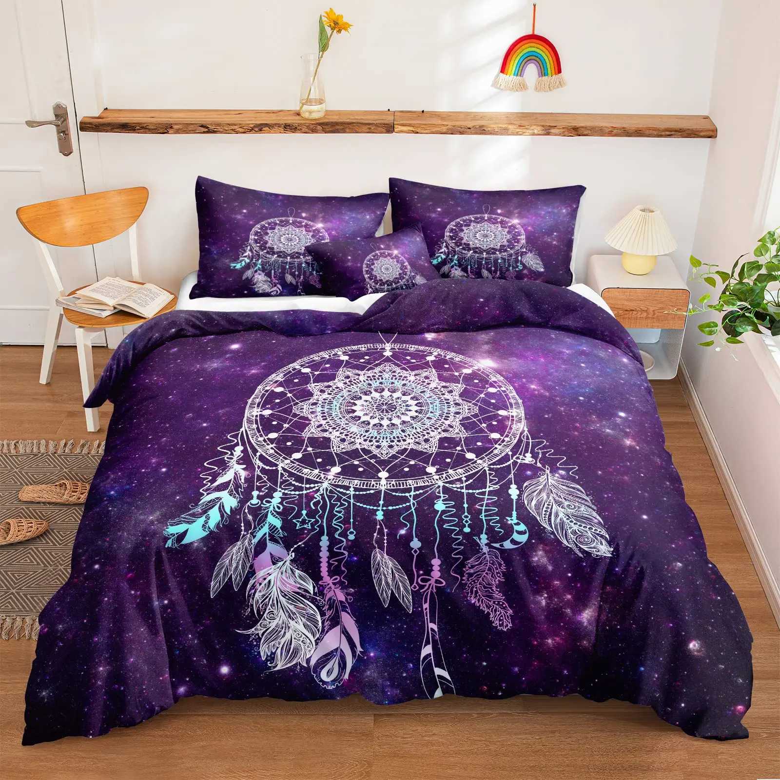 Beddengoed sets droomvanger dekbed set paarse beddengoed set modieus bohemian mandala bloem veer ontwerp sterrenstelsel comfort set groot J240507