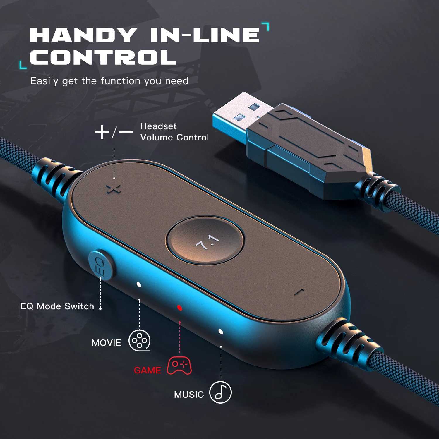 Headset Fifine USB-spelhuvudset med 7.1 Surround Sound/Wire/3EQ Mode RGB över öronbringan med MIC för PC PS5 AmPligame-H6 J240508