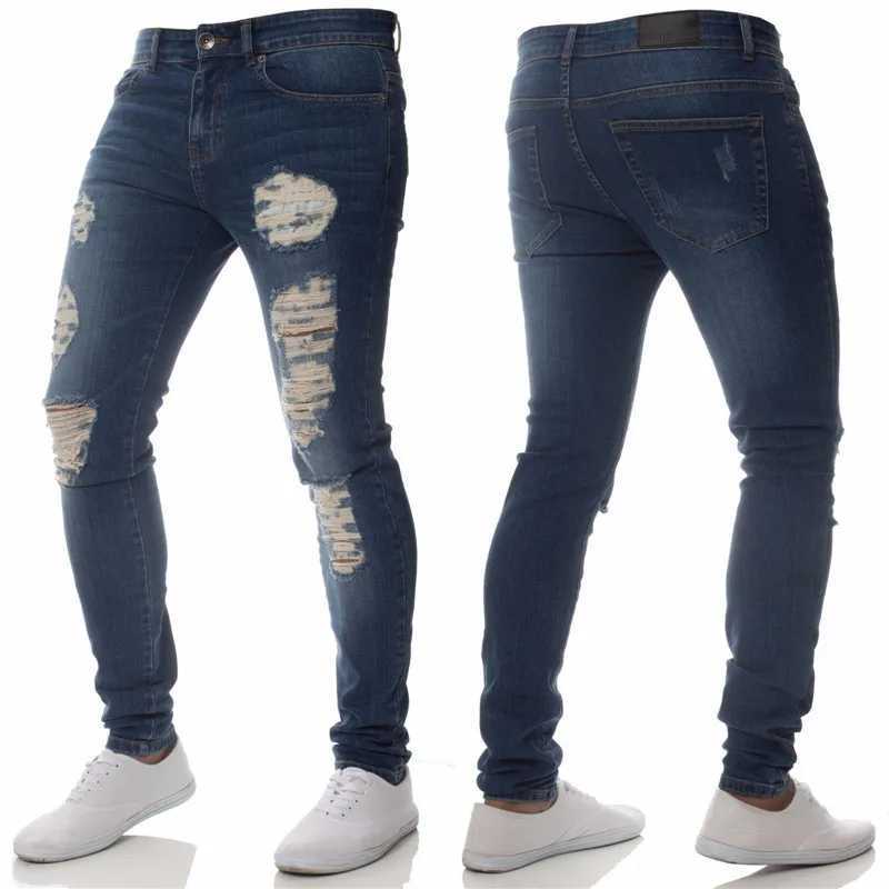 Jeans masculin printemps hommes élégants déchirés détruits mendiants skinny jeans pantalon hip hop haut haut strt jogging jogging crayon denim pantalon y240507