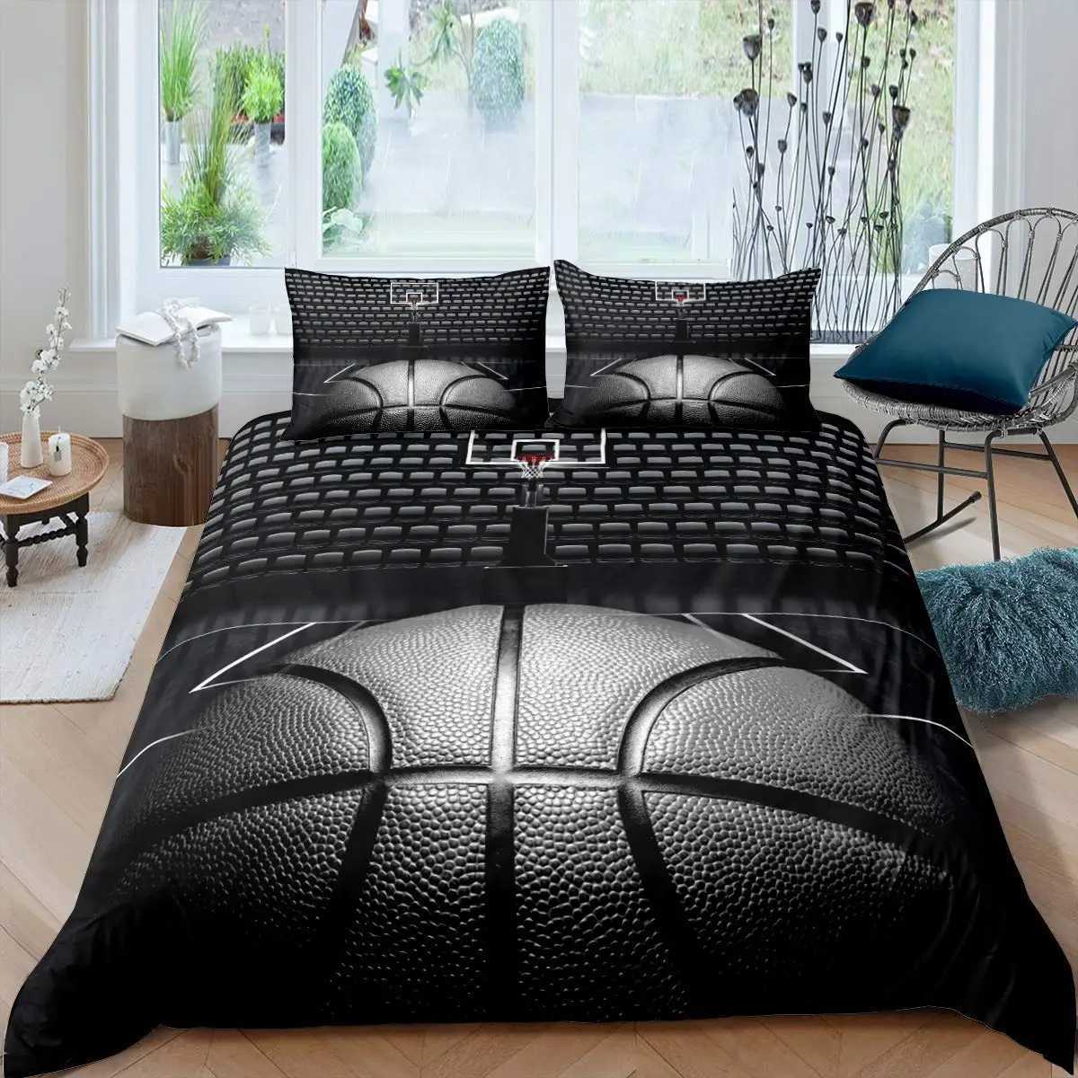 Beddengoed sets basketbal down dekbedovertrek Queen Set Boys and Girls Sports Game Comfort Cover Black Graffiti Bed Cover Sports Bed Cover J240507