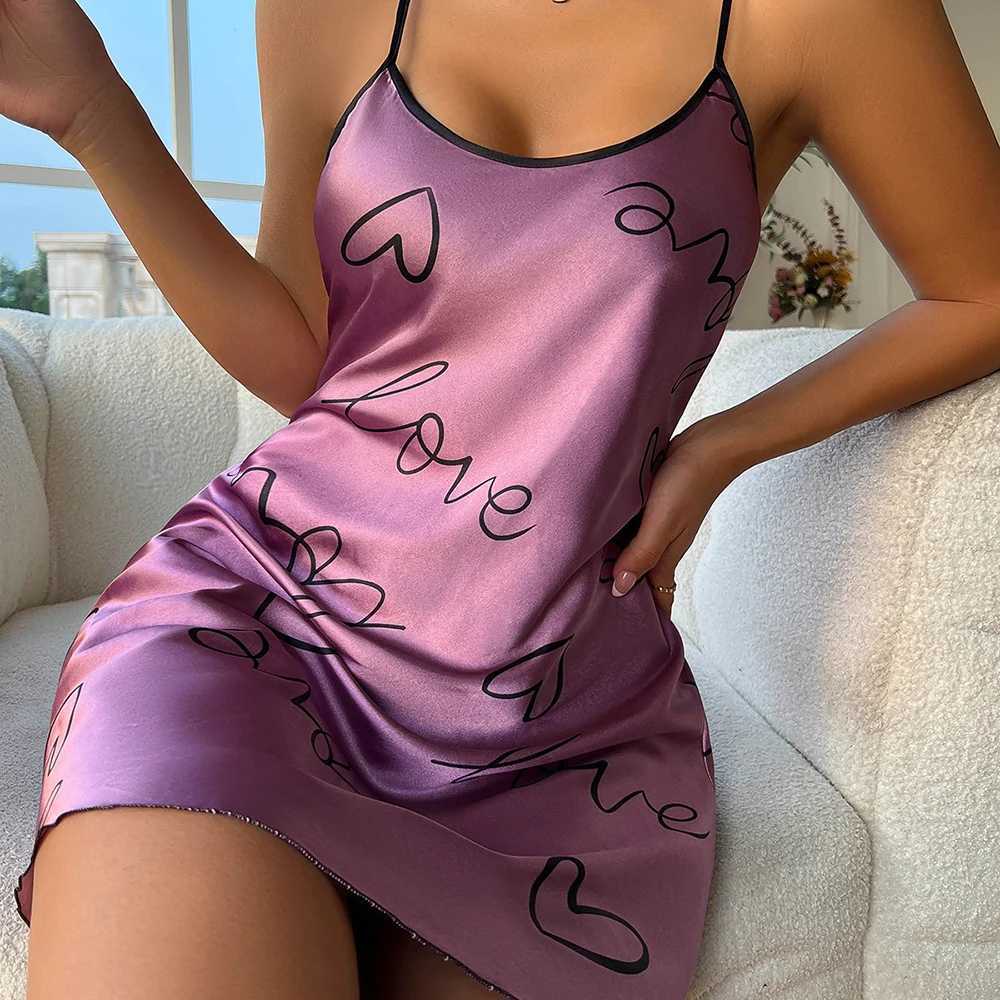 Women's Sleep Lounge Fashion Heart Print Nightdress Ice Silk Pyjamas Elegant Scoop Neck Crisis Cross Back Sleep Dress Womens Pyjamas Newl2405