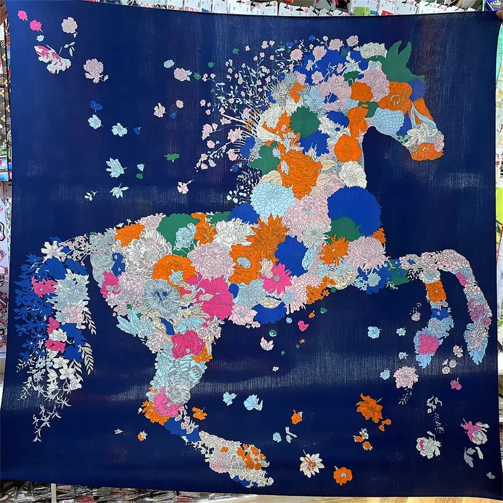 Scarves POBING Silk Cashmere Scarf Women Hand Rolled Flowers Horse Print Square Wraps Bandana Big Hijabs Female Foulard 135CM Q240508