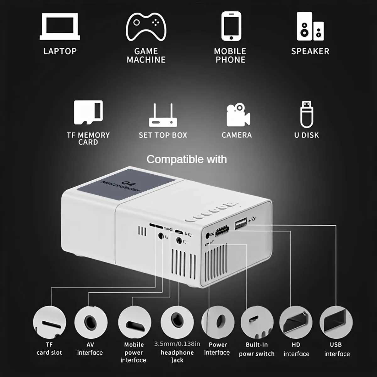 Projetores Mini projetor portátil com memória de definição ultra-alta suporta HDTMI USB e SD Outdoor Movie Home Theater Player Player J240509