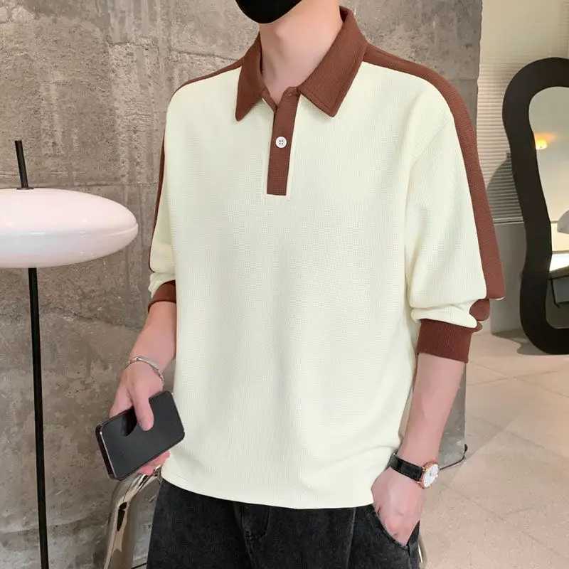 Polo's voor heren lente en herfst patch werken lange mouwen button up sport shirt voor heren casual top volledig gematchte polo modieuze Harajuku pullover -kleding Q240508