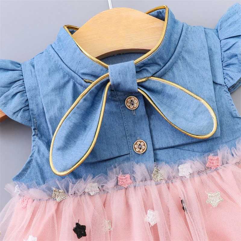 女の子のドレスベビーガールドレス夏1-4歳の子供チュールドレスフリルスリーブデニムコットン幼児幼児服服服a458